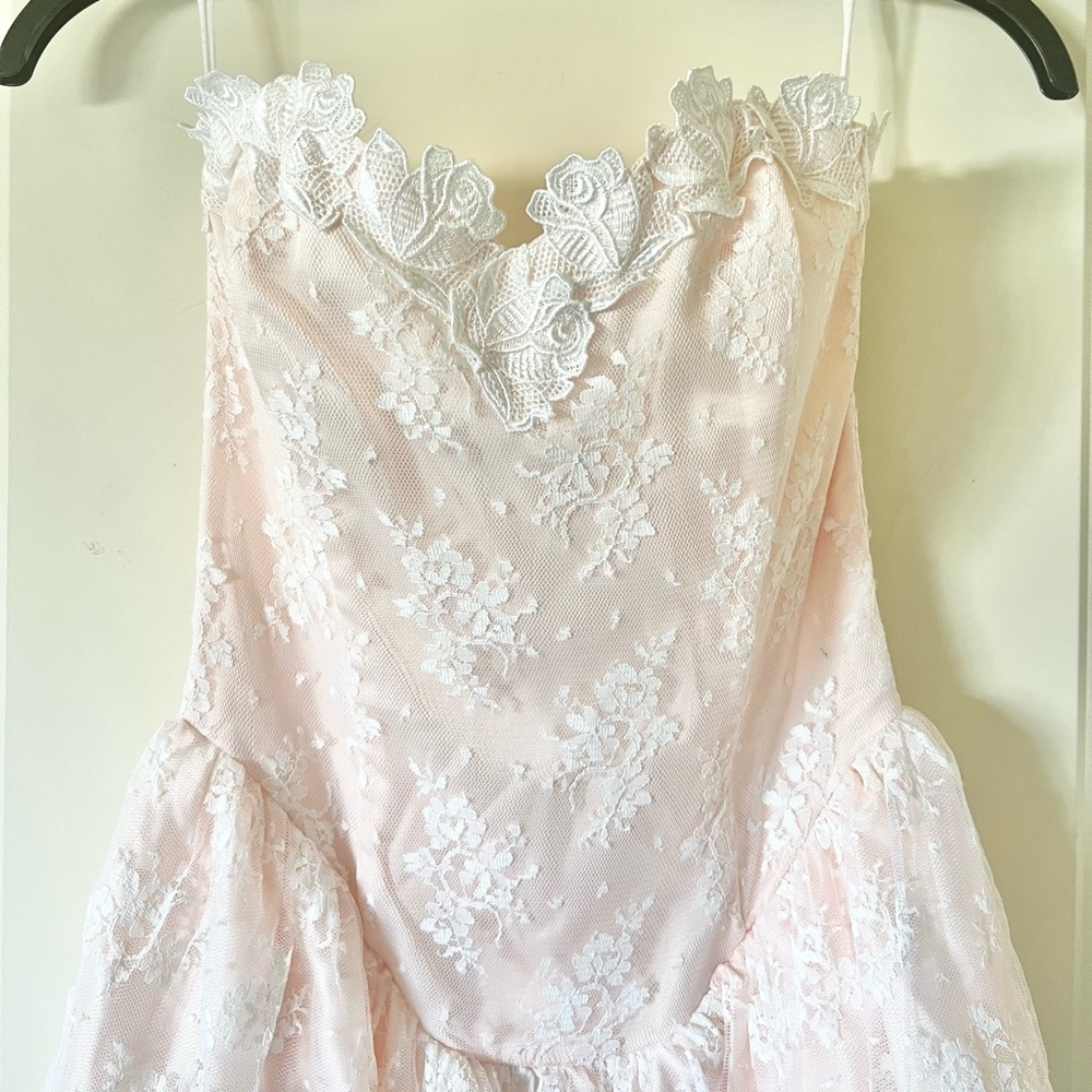 Vtg Jessica McClintock Pink Floral Lace Midi Dress 6 Peplum Ruffle Train 80s - Picture 2 of 10